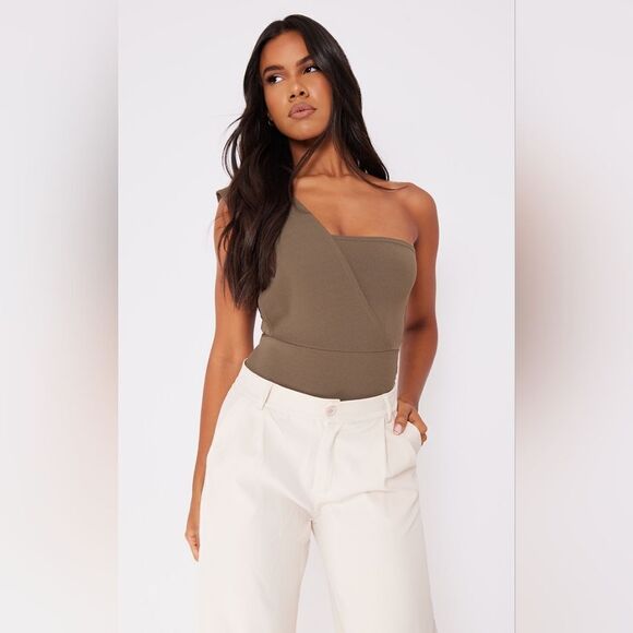 PrettyLittleThing Khaki One Shoulder Bodysuit Size 8 in dark Khaki NWT‎ - Picture 1 of 8